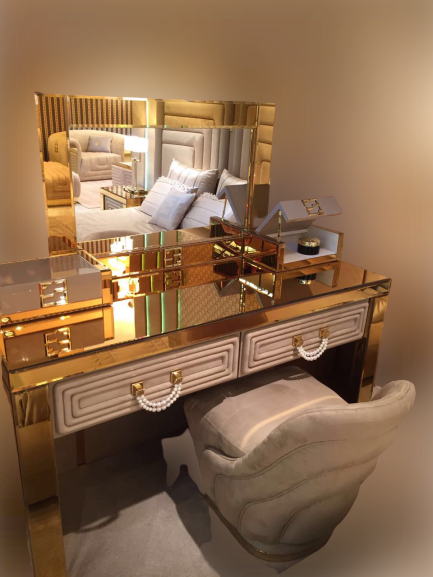 Luxury Gold Mirrored Dressing Table With Drawers - Collier Fertini Luxury Gold Mirrored Dressing Table With Drawers - Collier Fertini