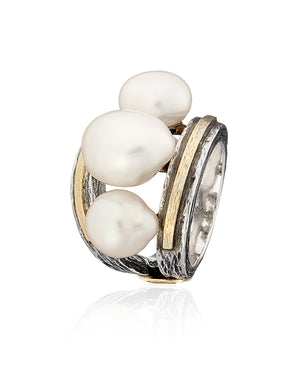 Flower Ring with 3 Natural Pearls - Collier