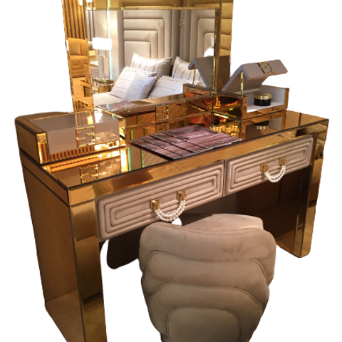 gold mirrored dressing table Corner Dressing Vanity Table Set with Drawer & Mirror Triangle Corner Desk Chair Included in GoldHomary